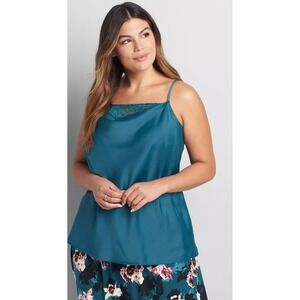 Lane Bryant Satin Cami Top Size 28 Teal Lace Trim Cowl Neck Plus Size